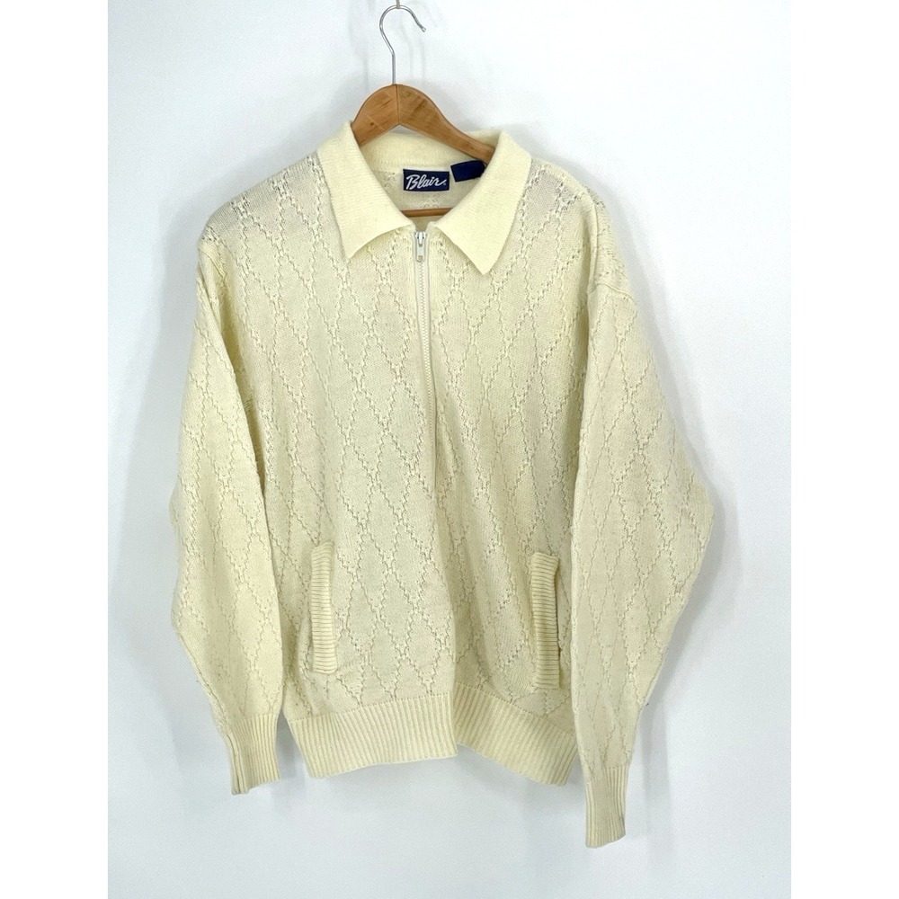 VTG Blair Womens 2XL Grandma Core Cardigan Full Zip Ivory Cutout Design Pockets